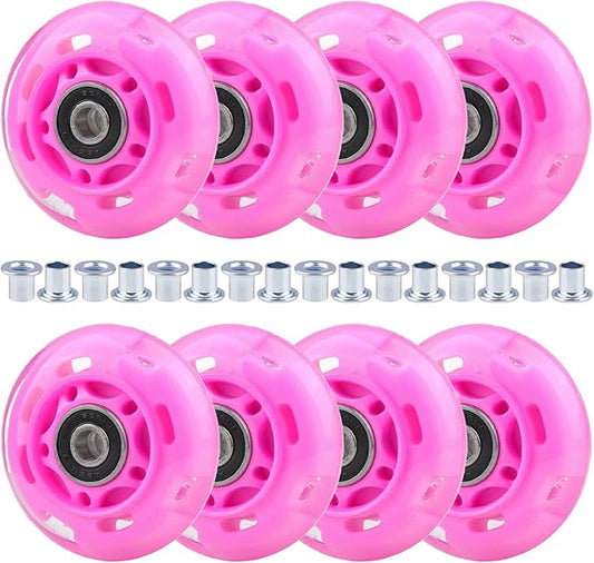 8pcs Inline Skate Wheels Led Light-Up Wheels 64/70/72/76/80mm w/Bushings 85-88A for Kids and Youth Beginners Children's Inline Skates Indoor/Outdoor Use (Pink, 64mm)