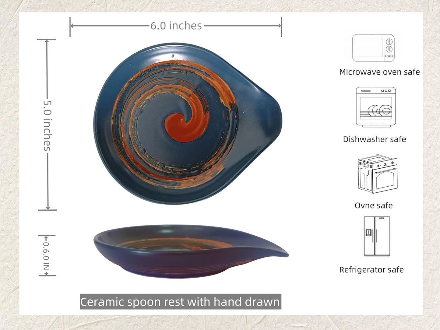 Ceramic Spoon Rest for Stove Top, Hand Painted Brown Swirl Spoon Rest for Kitchen Counter, Retro Cooking Spoon Holder for Kitchen Counter, Utensil Rest for Spatula Ladle or Tong (Navy Blue)