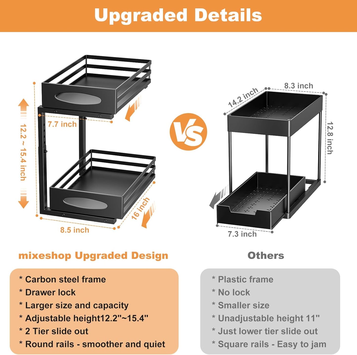 Under Sink Organizer, 2 Tier Under Sink Organizers and Storage, Adjustable Height, Slide out Metal Cabinet Organizers, Pull out Cabinet Storage Drawer Shelf for Kitchen Bathroom Black, 1 Pack