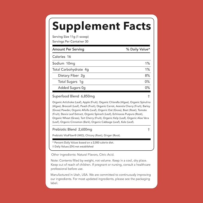 Clean Simple Eats Super Greens Powder, Naturally Flavored Greens Powder with Chlorella, Spirulina, Superfoods & Prebiotic Fiber, No Artificial Ingredients, Gluten Free, Peachy Greens Flavor, 30 Srvgs