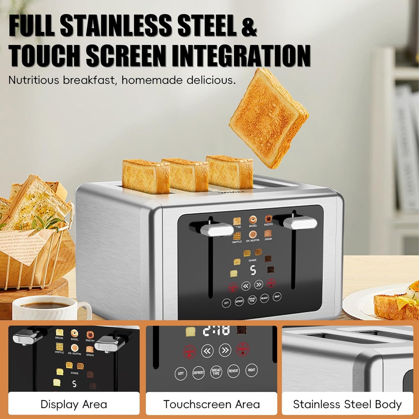 whall 4 Slice Touch Screen Toaster, Stainless Steel Toasters Digital Timer, Dual Control Panel Toasters，6 Shade Settings＆6 Bread Types, Smart Wide Slots, Bagel, Cancel, Defrost,White