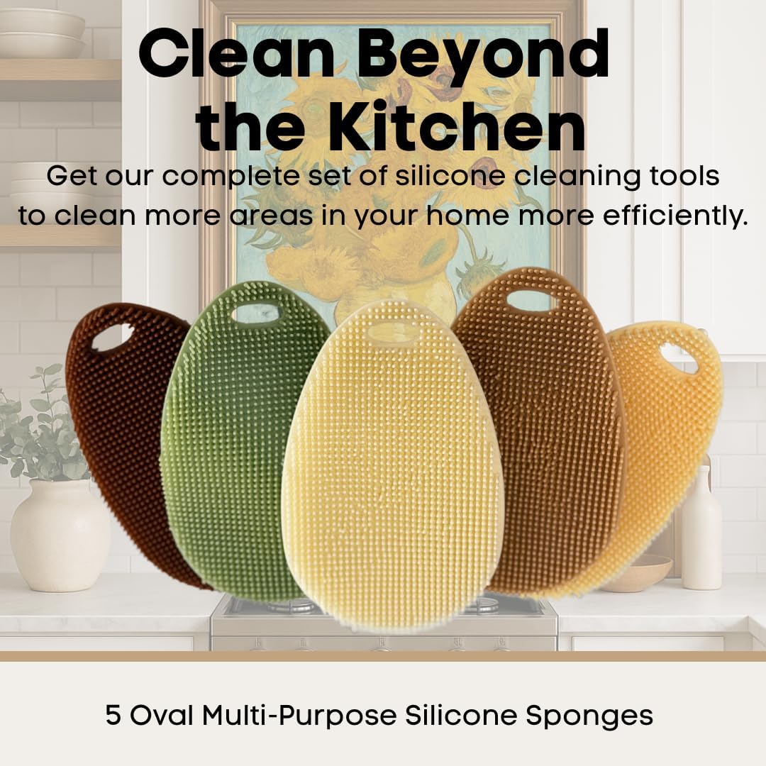 Silicone Sponge Dish Scrubber - Food Grade and Housecleaning - BPA Free Silicone Kitchen Scrubber [5 Pack Ovals Fall]