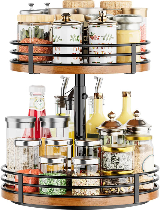 Lazy Susan Turntable Organizer Adjustable - 2 Tier Wood Rotating Spice Rack 12 Inch Lazy Susan for Kitchen Countertop Cabinet Pantry Cupboard Dining Table Bathroom Coffee Bar Home Storage