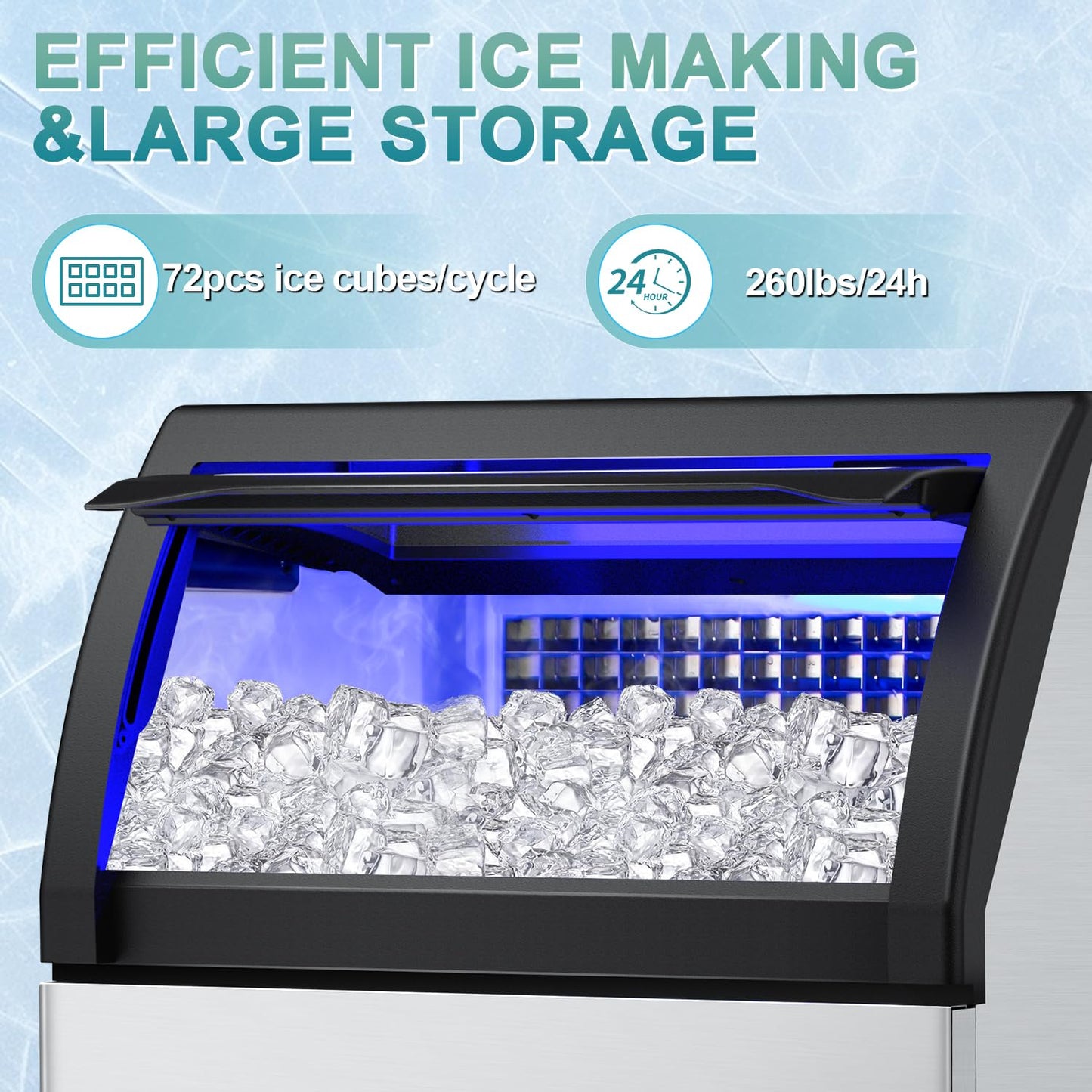 Commercial Ice Maker 260Lbs/24H, Ice Machine 72pcs Ice Cubes, Freestanding Ice Maker Machine with Water Line and Filter, 55Lbs Storage Ice Bin, Stainless Steel Undercounter Ice Maker for Home,Shop,Bar