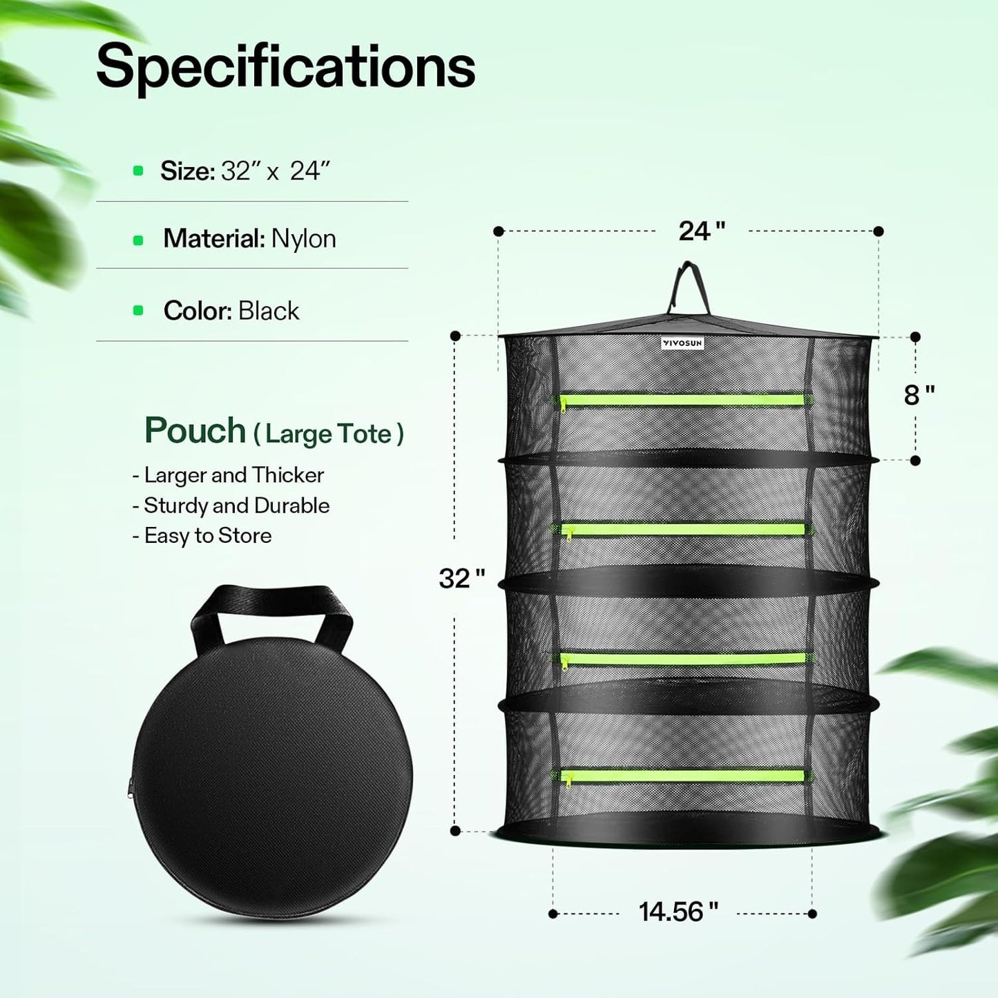 VIVOSUN 4-Layer Mesh Drying Rack Hanging Design with Green Zippers for Dehydrating, Indoor and Outdoor Pruning Shears Included