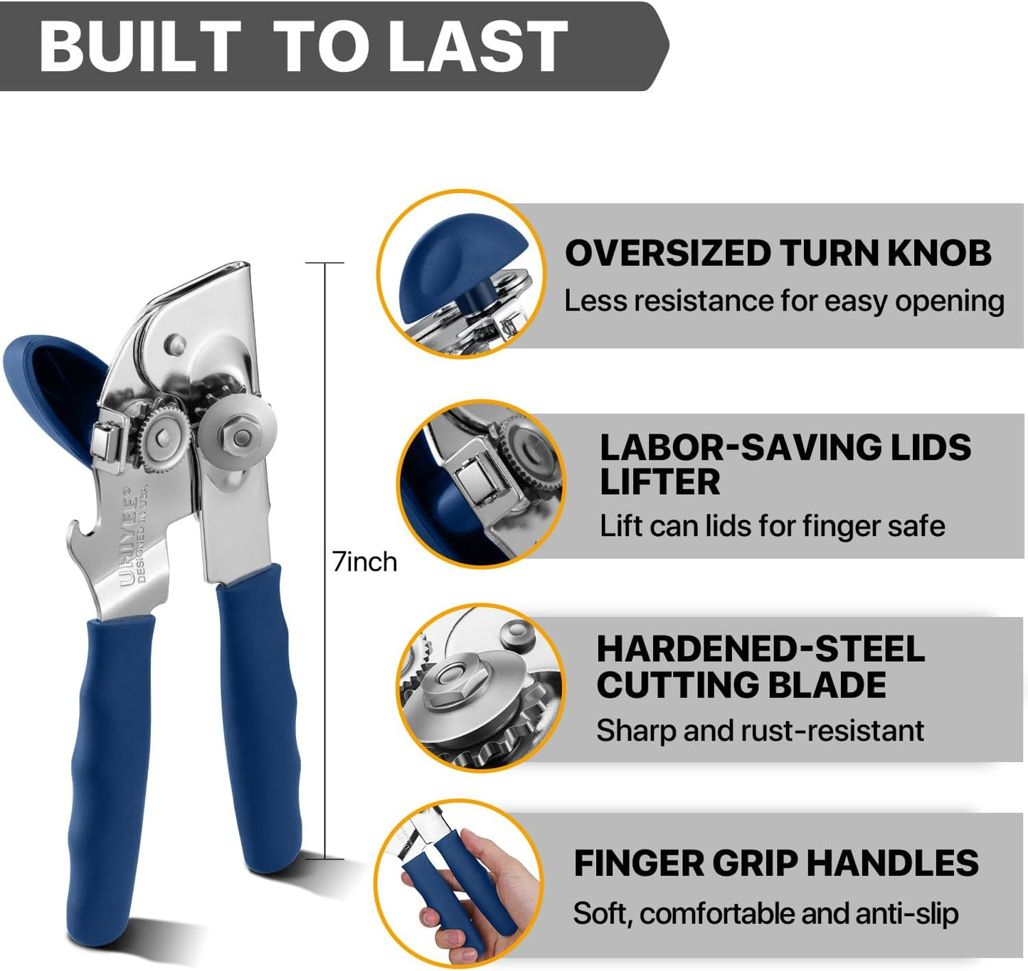 Can Opener Manual Heavy Duty, UHIYEE Hand Held Can Openers for Seniors with Comfort Grip Sharp Blade, Solid Steel Hand Manual Can Open with Magnet for Kitchen Camping, Blue