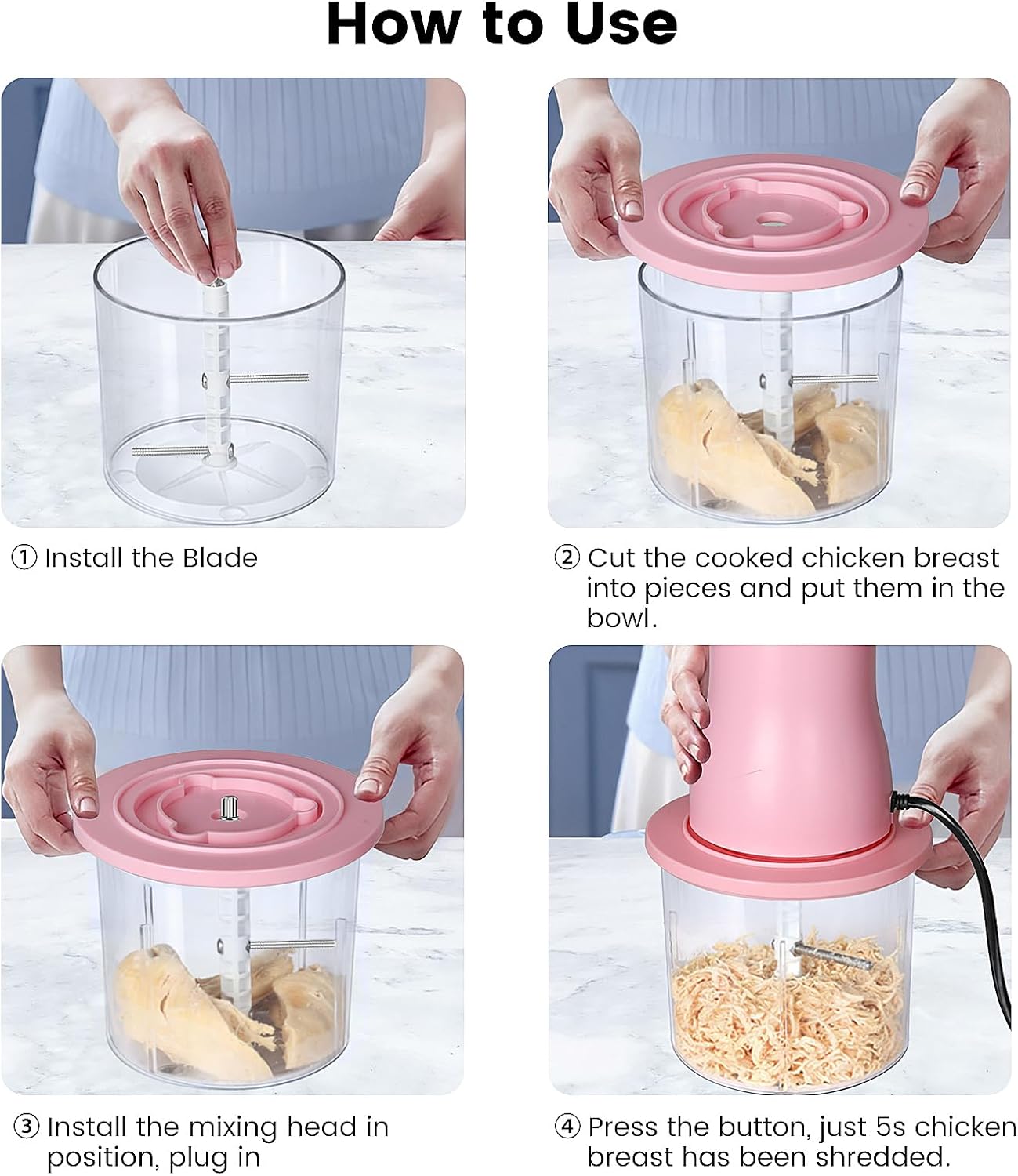 Electric Chicken Shredder, Automatic Food Chopper with Chicken Breast Shredder & Meat Grinder, 2 Sets of Blades for Chicken/Pork/fish/Vegetable/Baby Food (Pink)