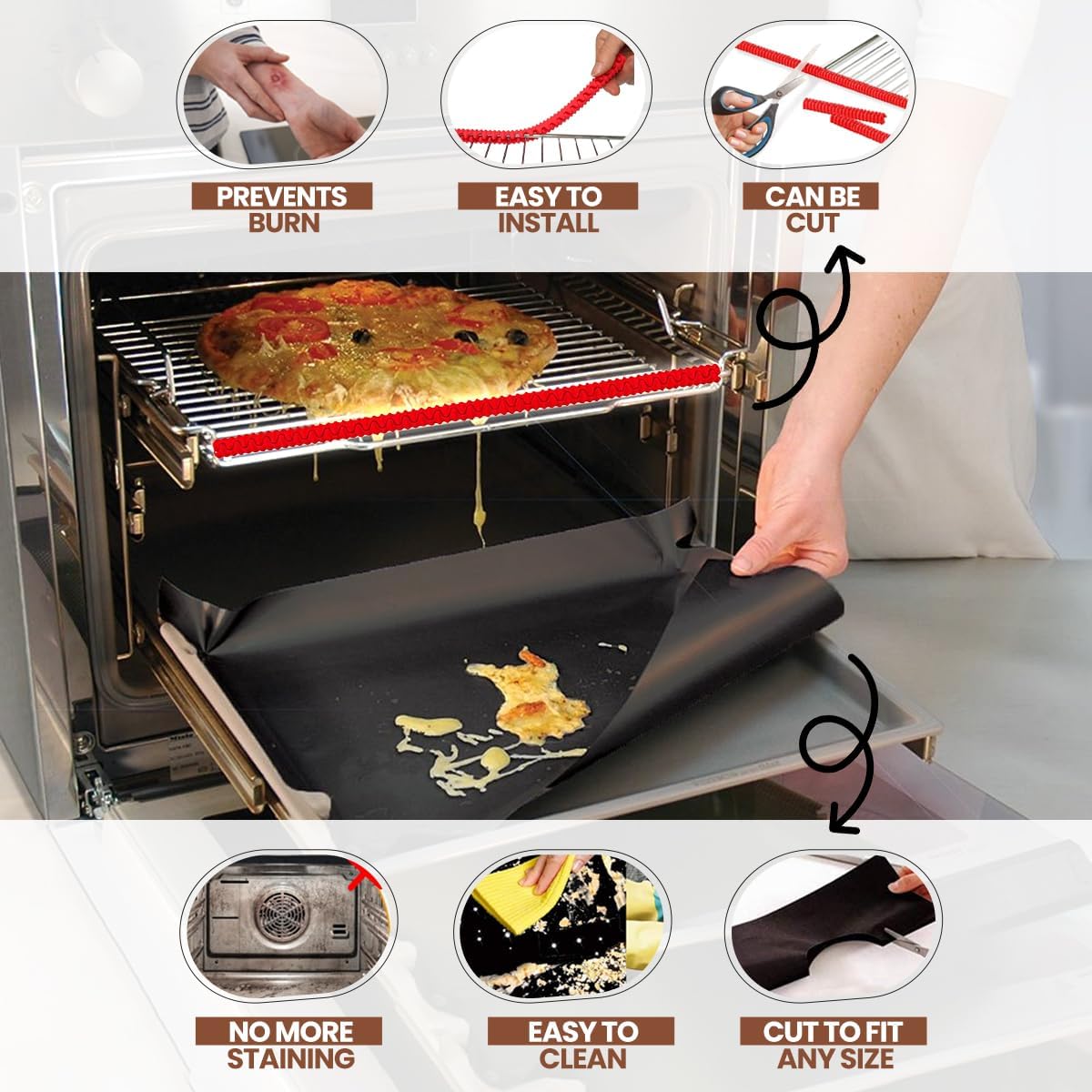 Oven Liners for Bottom of Oven Black (2-pack) Bundled with Rack Shield (2-pack) - Large Mat for Bottom of Stove (17"x 25") and 22" Red Range Guards for Racks - Reusable & Heat Resistant