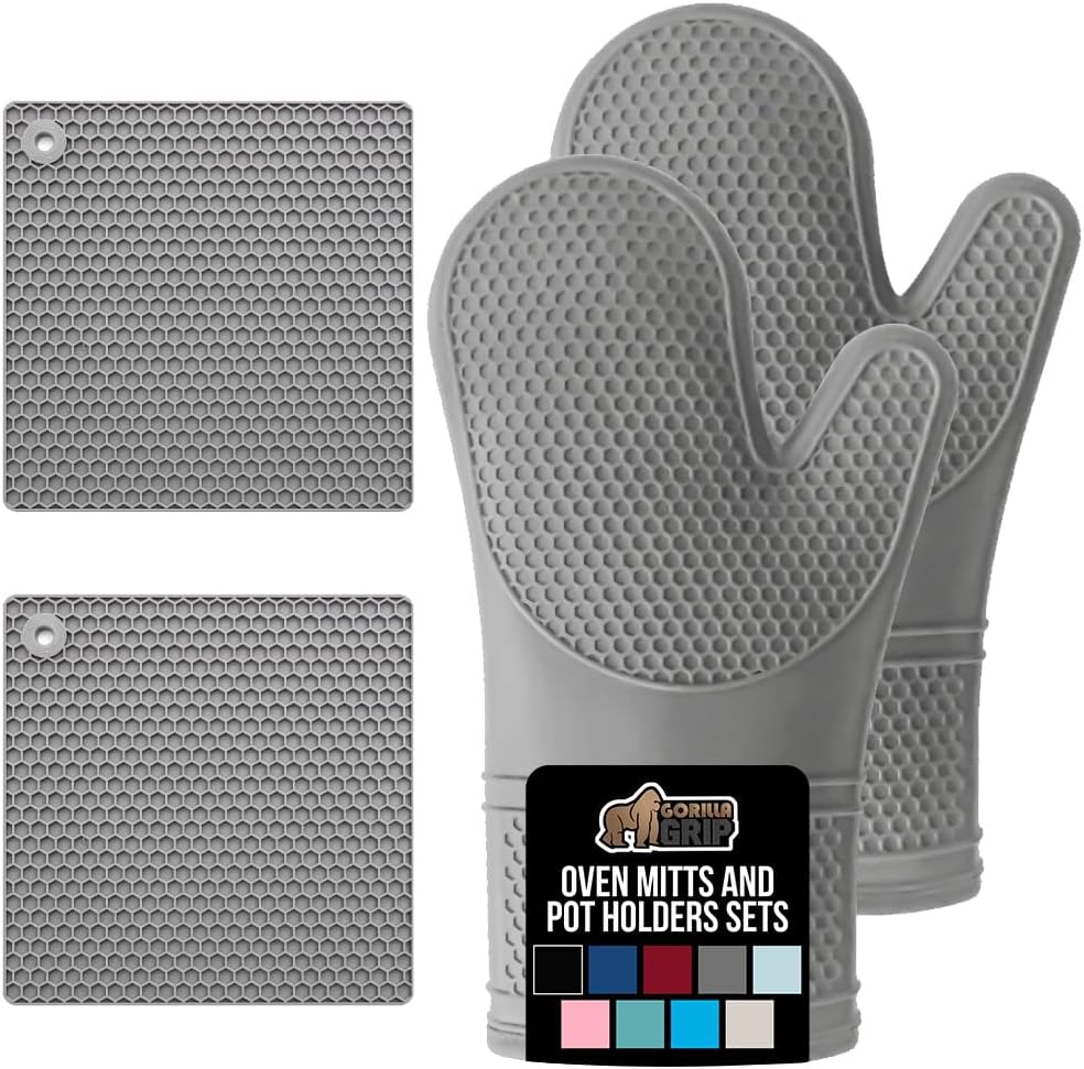 GORILLA GRIP BPA-Free Soft Silicone Oven Mitts and Pot Holders Sets of 4, Heat Resistant Waterproof Cooking Gloves, Thick Cotton Lining, Flexible Gripping for Baking Grilling, Kitchen Trivets, Gray
