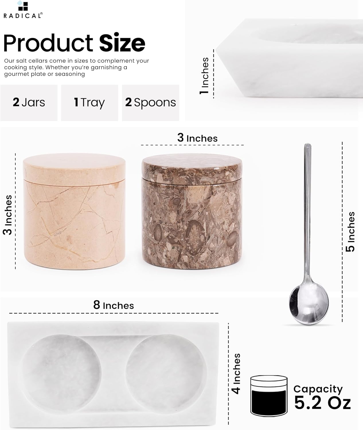 Radicaln Marble Salt Cellar With Lid and Tray 3" Inches Oceanic and Verona Handmade Salt Bowl Set of 2 For Kitchen Storage, Ideal Spice Jar