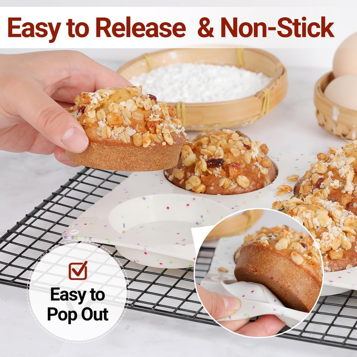 CAKETIME Muffin Top Pan, Silicone Egg Molds for Breakfast Sandwiches 3 Inch Round Baking Pan for Oven English muffins, Whoopie Pies, Corn Bread, Egg bites, Tarts 4 Pack Confetti