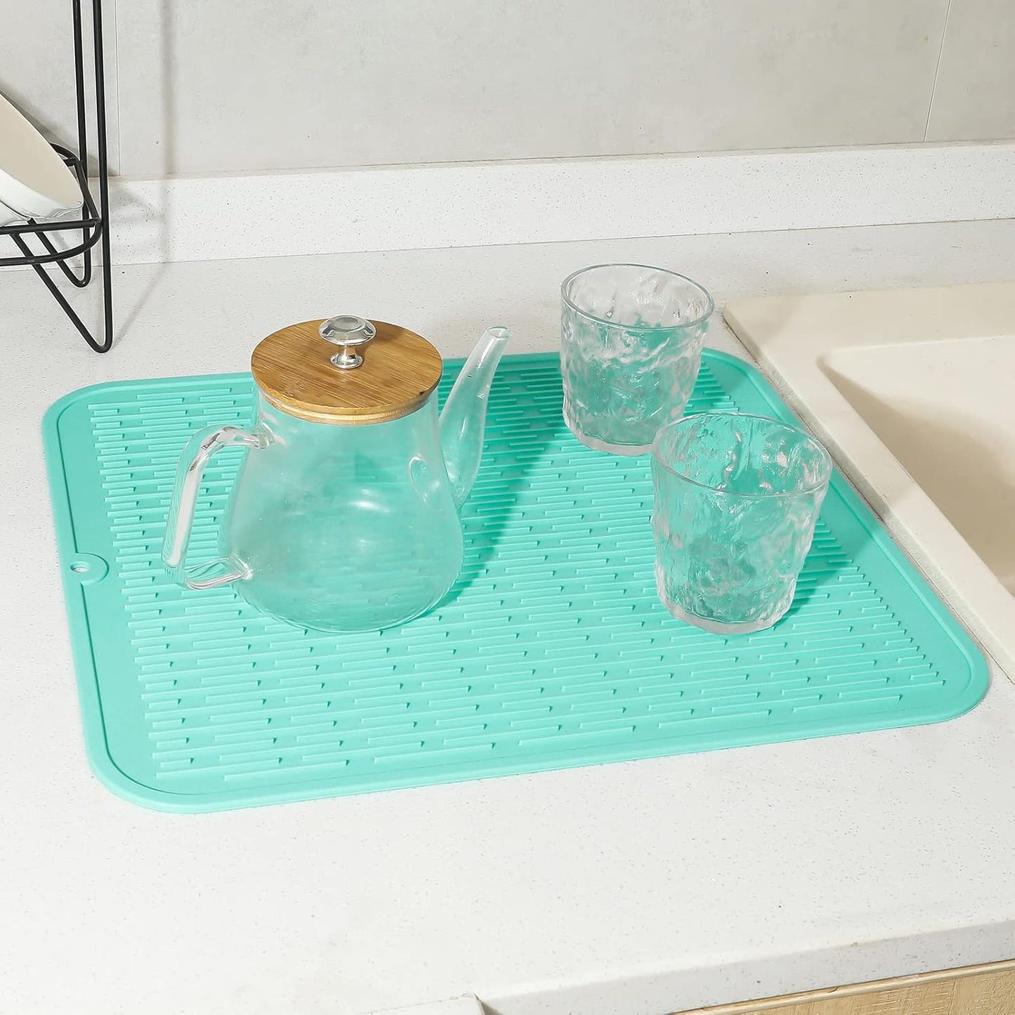 Silicone Dish Drying Mat for Multiple Usage,Easy clean,Eco-friendly,Heat-resistant Silicone Mat for Kitchen Counter or Sink,Refrigerator or Drawer Liner Mint XL 18 inches x 16 inches