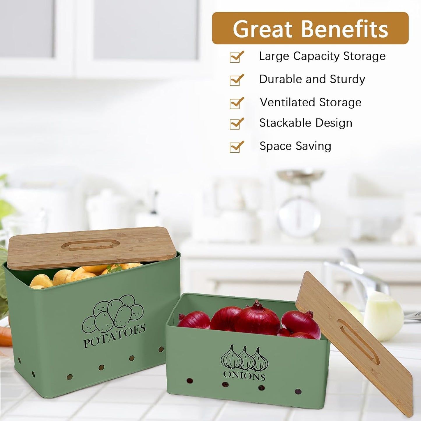 Potato Onion Storage Box, Food Container Sets, Storage Canisters for Vegeatables, Set of 2 Jars Pots Containers, Potato & Onion Bin with Aerating Tin Storage Holes & Bamboo Lid-Green