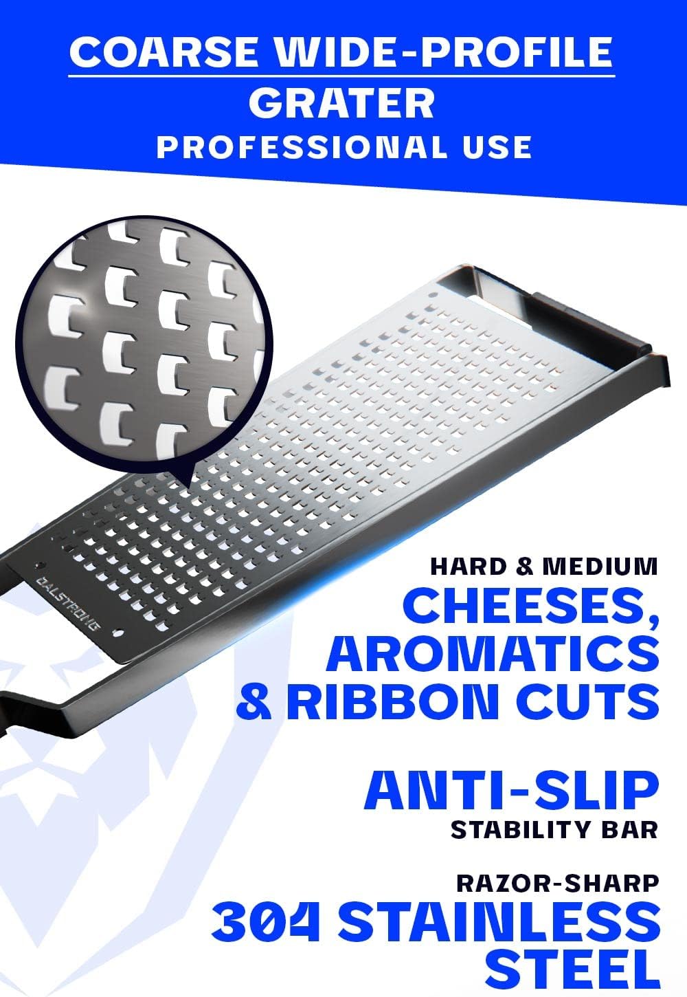 Dalstrong Professional Wide Cheese Grater - Coarse - #304 Stainless Steel Blade - G10 Handle Kitchen Shredder - w/Blade Cover - Hard/Medium Cheese, Shallots, Garlic, Ginger - NSF Certified