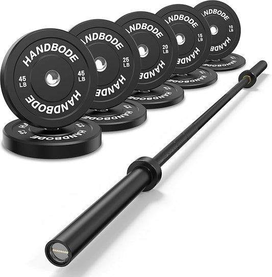 Olympic Bumper Plates Set 2 Inch, 10-55 lbs Rubber Weight Plates with 45 lb (20kg) Black/Silver Barbell, Strength Training & Weight Lifting for Home Gym