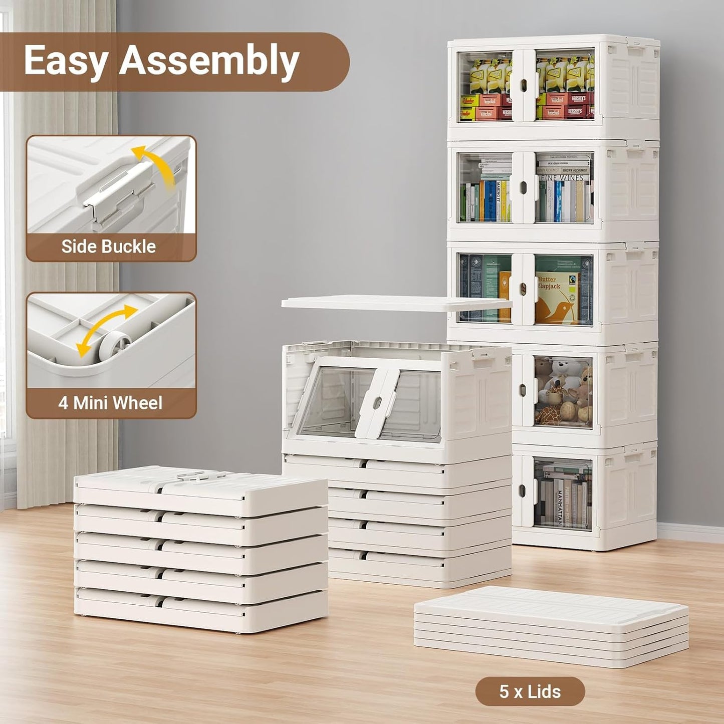 115Qt Stackable Storage Bins with Individual Lids & Wheels, Large Plastic Collapsible Latching Boxes Closet Organizers and Storage Cabinet Shelves Units for Home Kitchen Dorm, 1-Pack White