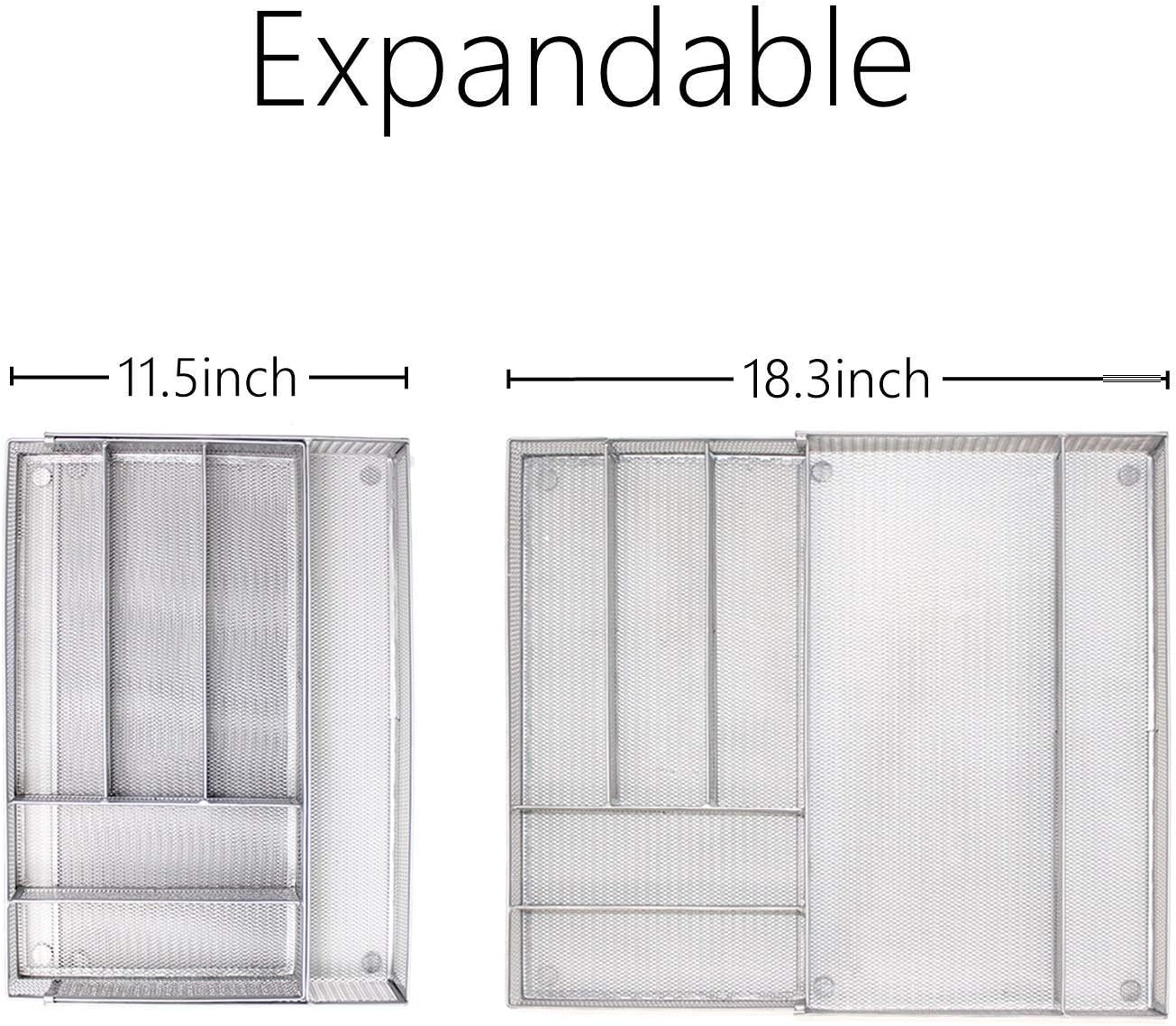 JANE EYRE Utensil Drawer Organizer - Expandable Cutlery Tray, Silverware/Flatware Storage Divider for Kitchen, Mesh Designing with Non-slip Rubber Feet (Silver)