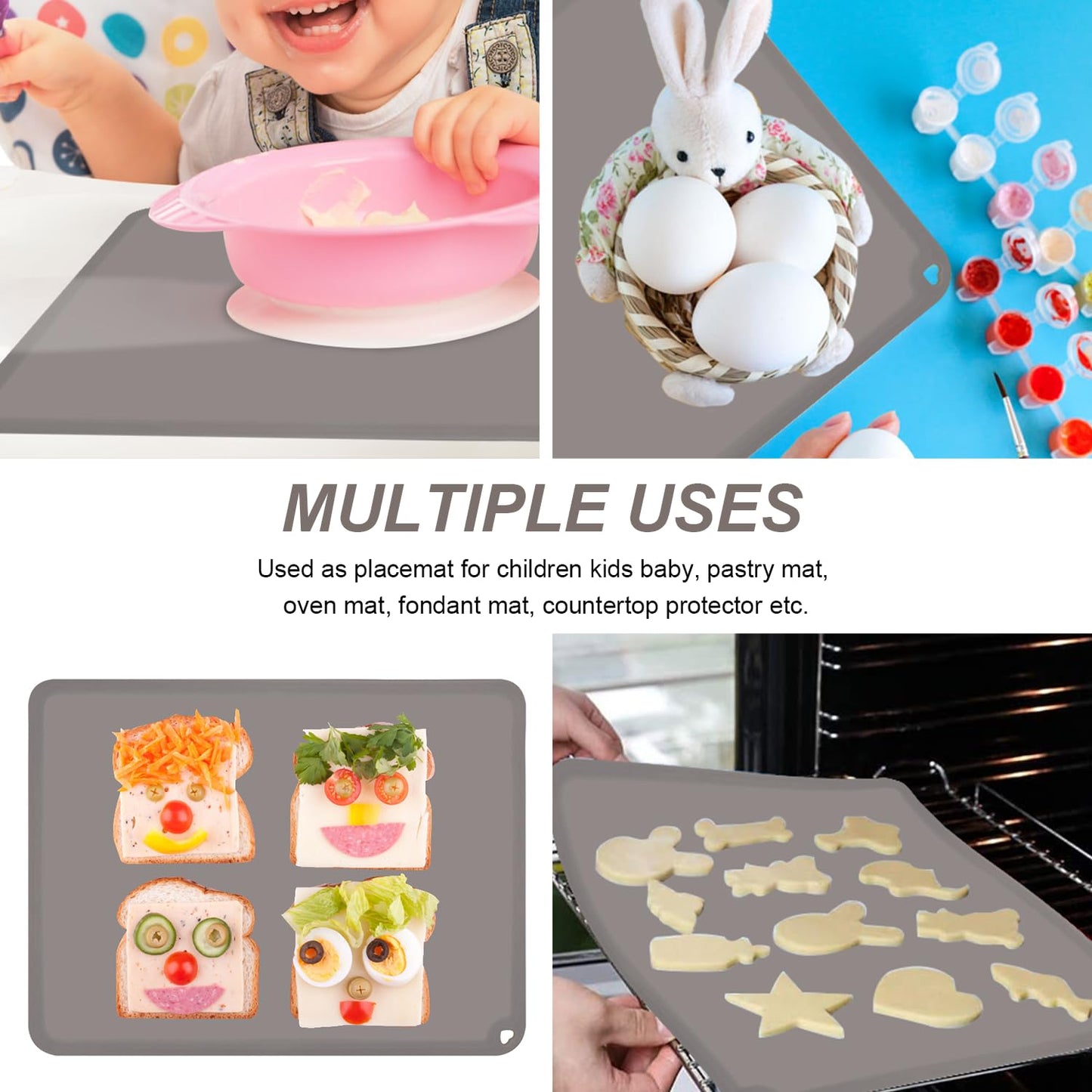 Silicone Placemat for Toddles Kids Non-Slip Reusable Portable Baby Placemats for Restaurant Stain-Proof Children Food Mats Eating Table Mat 2 Pack (Charcoal&Silver Gray)