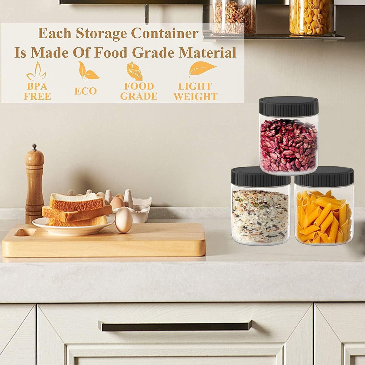 XINGLIAN 16 Oz Clear Plastic Jars with Black Lids Refillable Kitchen Storage Containers for Dry Food, Coffee, Nuts and More, 6 Pack