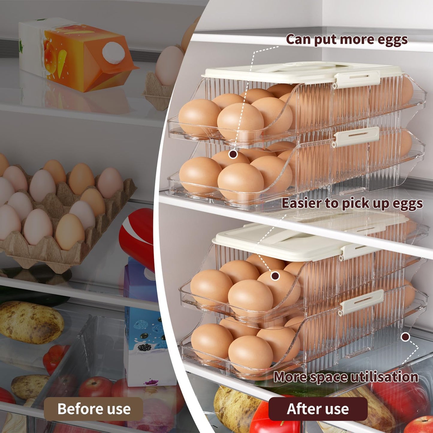 Automatic Rolling Egg Holder for Fridge, Clear Plastic Egg Organizer with Handle for Refrigerator, Egg Container for Kitchen Storage, 1 Row 3 layers