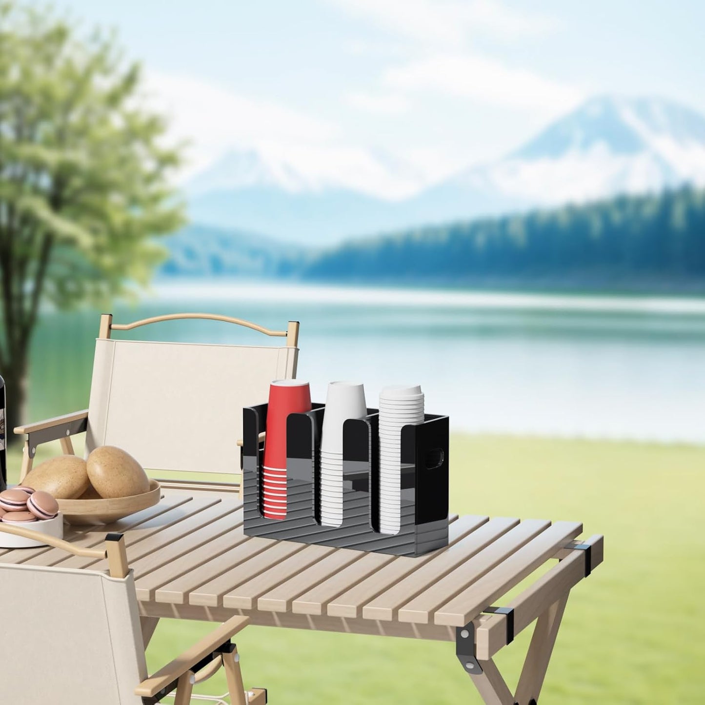 WINFFOR Disposable Cup Organizer Dispenser - 3 Compartments Black Acrylic Cup and Lid Holder with Handles Plastic Cup Dispenser Countertop Paper Cup Holder for Coffee Bar House Party Essentials