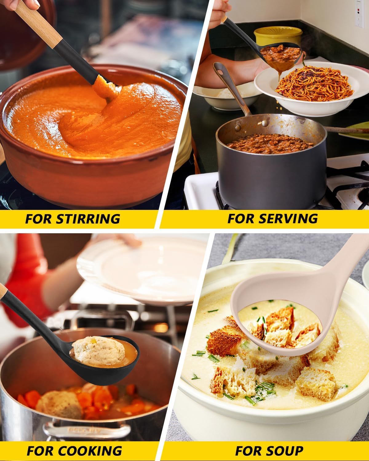 Pack of 2 Soup Ladle, Silicone Ladle Spoon with Wooden Handle, Large Non Stick High Heat Resistant Kitchen Utensils for Cooking, Stirring, Serving Soups(BLACK-KHAKI)