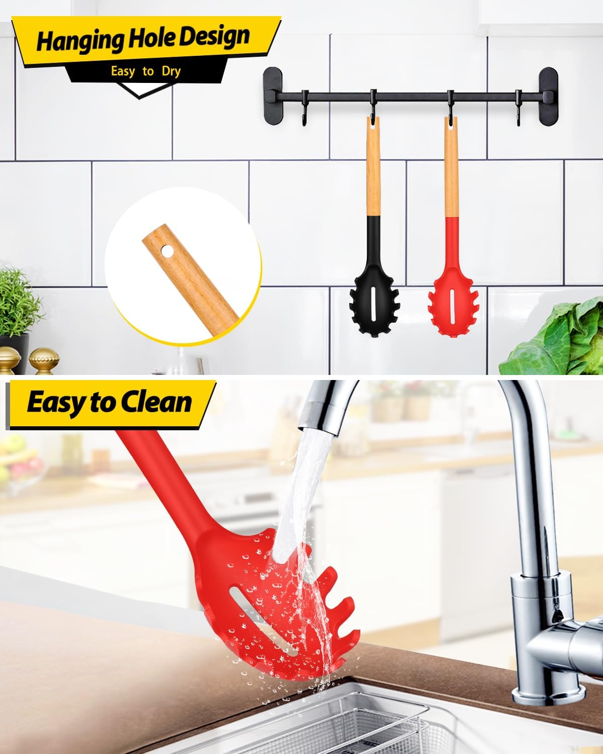 Pack of 2 Spaghetti Spoon, Silicone Pasta Fork with Wooden Handle, Heat Resistant Noodle Spoon Server, BPA Free Spaghetti Strainer(BLACK-RED)