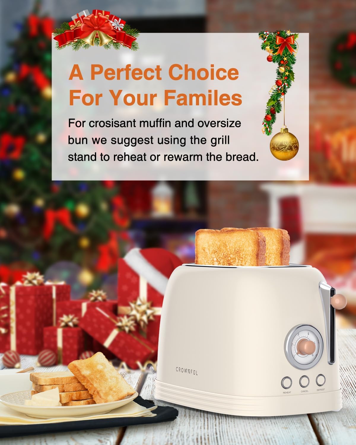 CROWNFUL 2-Slice Toaster, Extra Wide Slots Toaster, Retro Stainless Steel with Bagel, Cancel, Defrost, Reheat Function and 6-Shade Settings, Removal Crumb Tray, Cream