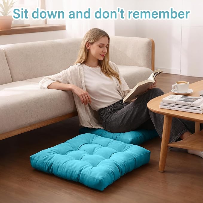 Tiita Square Outdoor Cushions Floor Pillow Thicken Tufted Seat Cushion for Adult Seating on Floor Yoga Meditation Living Room Balcony Office Indoor, Set of 2, 22x22 Inch, Blue