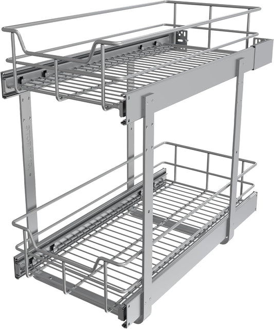 2 Tier Pull Out Cabinet Organizer 11" W X 17" D, Slide Out Drawers for Kitchen Cabinets, Pull Out Drawers for Cabinets Capacity Heavy Duty Caddy, Cabinet Pullout Shelves Chrome-Plated,Bathroom Pantry