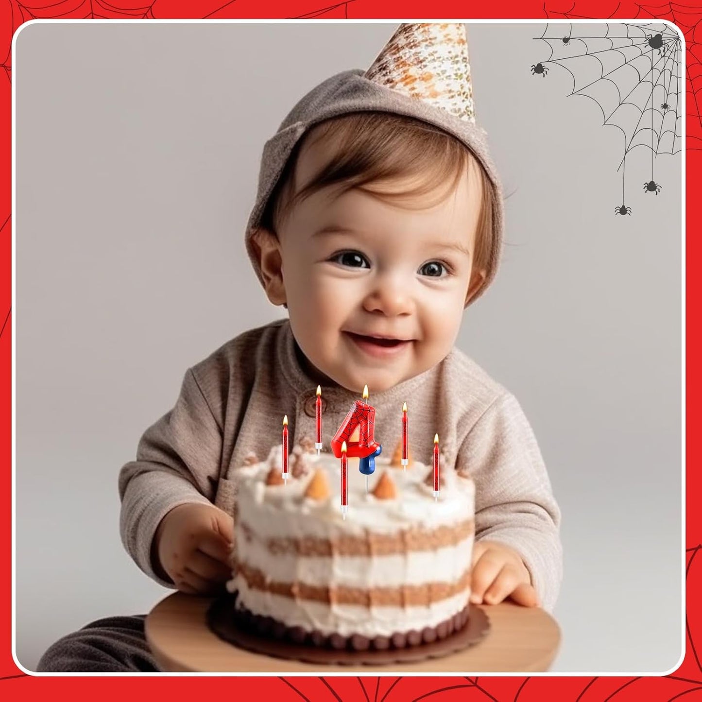 13 Pcs Spider Themed Birthday Candle Set Red Spider Theme Number 4 Candle Cake Topper for Boys Girls Birthday Decoration Spider Party Decoration Supplies (Number 4)
