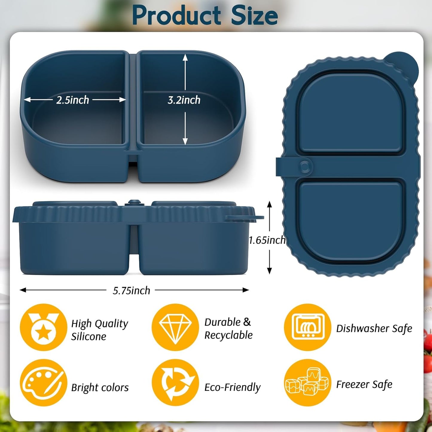 3 Pack Reusable Silicone Snack Containers with Lids, Mini Containers 2 Compartments, Portable Silicone Food Storage Box for Picnic, School, Office (3)