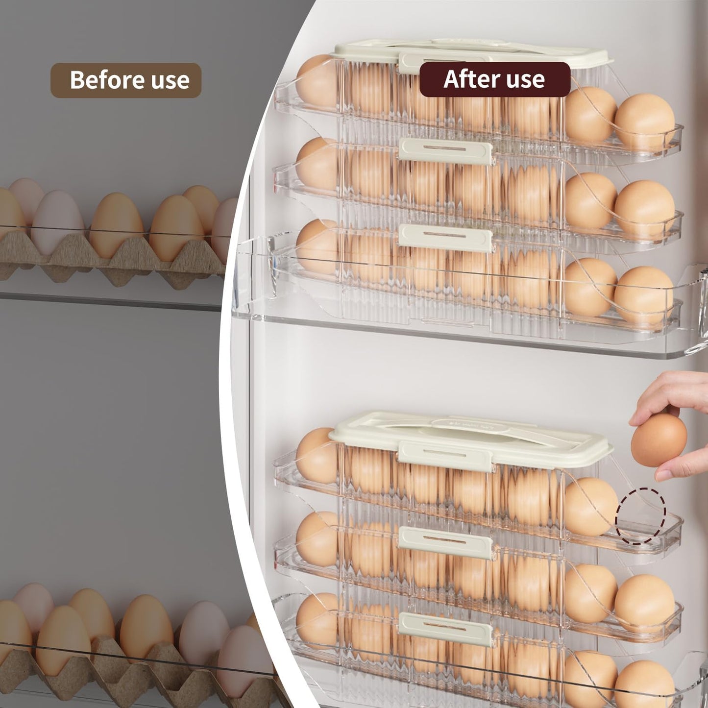 Automatic Rolling Egg Holder for Fridge, Clear Plastic Egg Organizer with Handle for Refrigerator, Egg Container for Kitchen Storage, 1 Row 3 layers