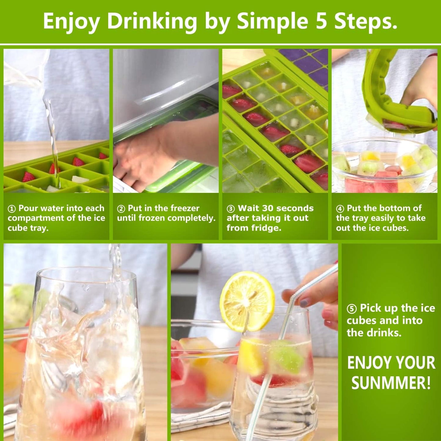 Ice Cube Trays 2 Pack, CREATESTAR Easy-Release Silicone & Flexible 21-Ice Trays with Removable Lid Food Grade Ice Tray for Whiskey, Cocktail, Spirits Drinks, Ice Cube Molds BPA Free (Green, 2Pack)