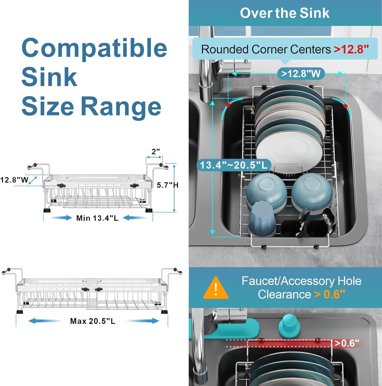 GSlife Expandable in Sink Dish Drying Rack - Stainless Steel Capacity Adjustable Over The Sink Dish Rack, Dish Drainer for Kitchen Sink Counter with Utensil Holder, 13.4"-20.5" L x 12.8" W, Silver