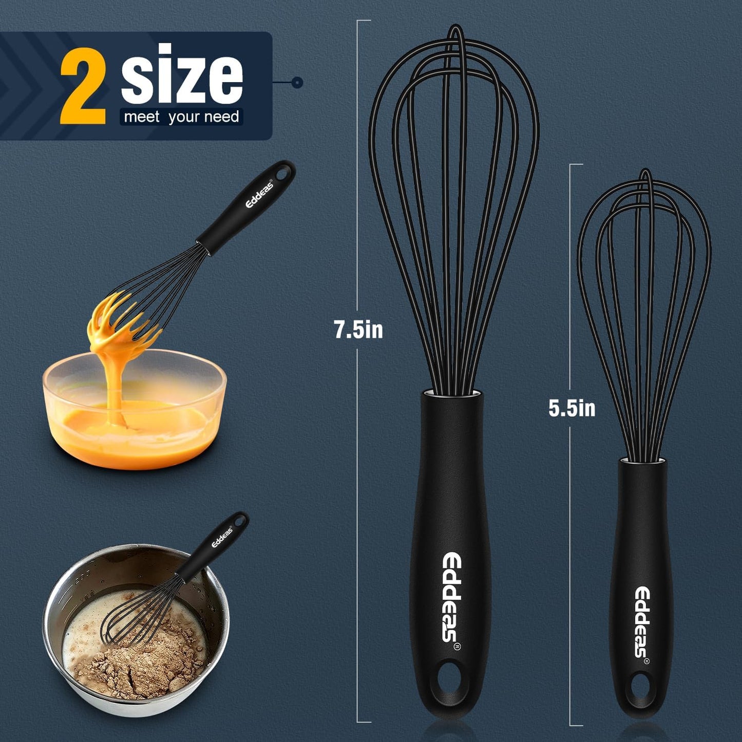 Silicone Mini Whisk, Small whisks Non-Stick Tiny Whisks set of 2（5.5in & 7.5in）-Heat Resistant (450°F) Whisks, Balloon Egg Beater Perfect for Whisking, Beating, Mixing, Blending, Black