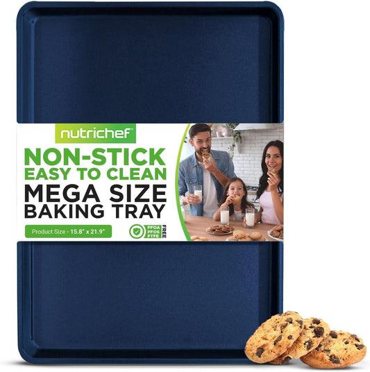 NutriChef Non-Stick XL Cookie Sheet for Baking - Premium Extra Large Carbon Steel Baking Tray for Cookies, Jelly Rolls, Pastries, & More - Blue Diamond, 22" x 16"