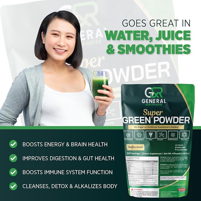Super Greens Powder Superfood Organic, 229 Servings Digestive Enzymes, Probiotics & Vitamins Vegetables (Wheatgrass, Spirulina & more), Fruits, 4 Pounds(64oz).