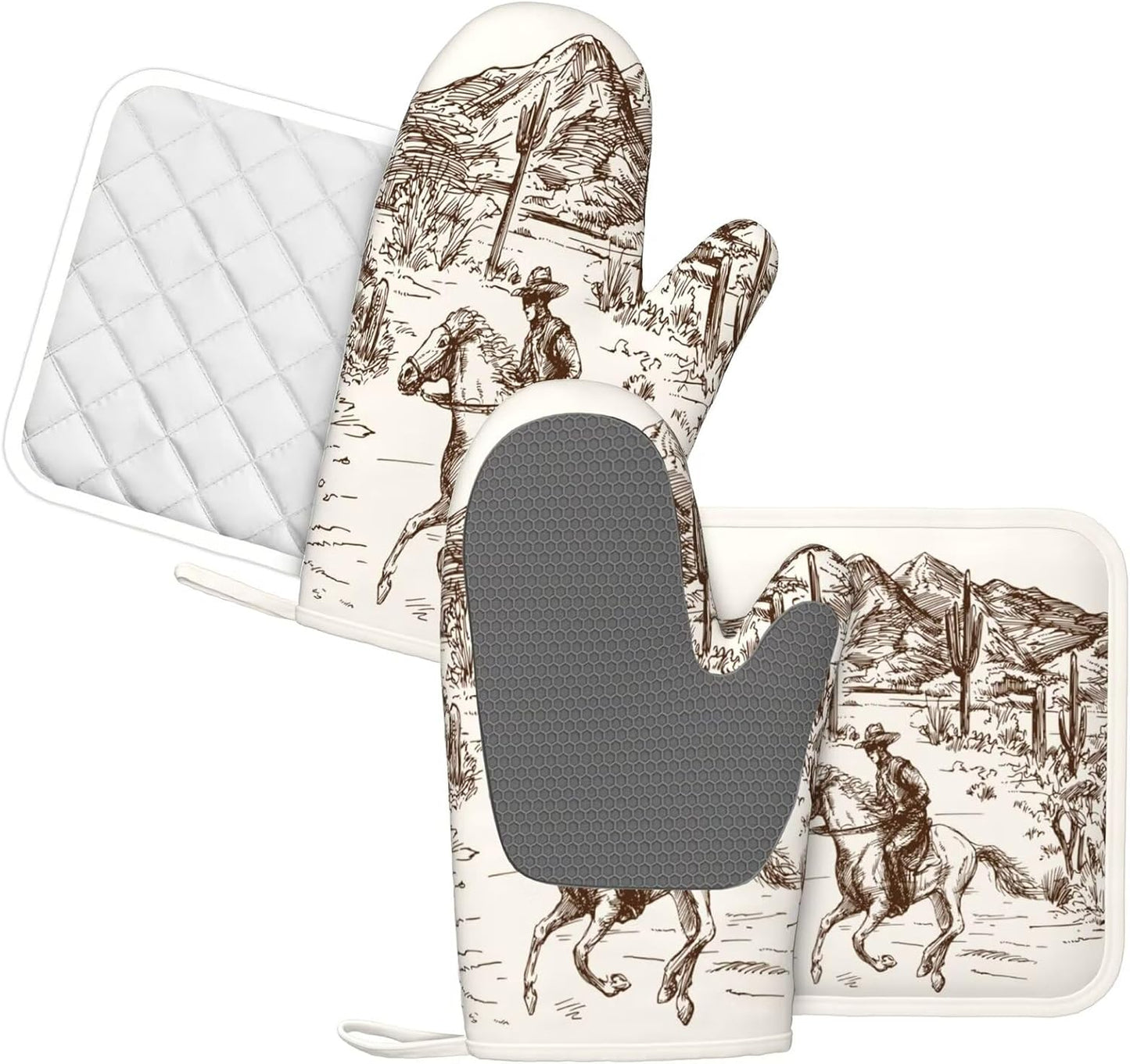 Western Cowboy Oven Mitts and Pot Holders 4 pcs Set Silicone West Cowboy Riding Horse in Desert Kitchen Oven Mitt Gloves Cowboy Pot Holders Non-Slip Heat Resistant Cooking Mitts Set, Beige