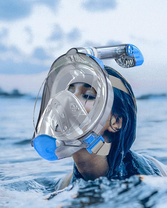 QingSong Full Face Snorkel Mask for Adults, Snorkeling Gear with Camera Mount, 180 Degree Panoramic View Snorkel Set Anti-Fog Anti-Leak