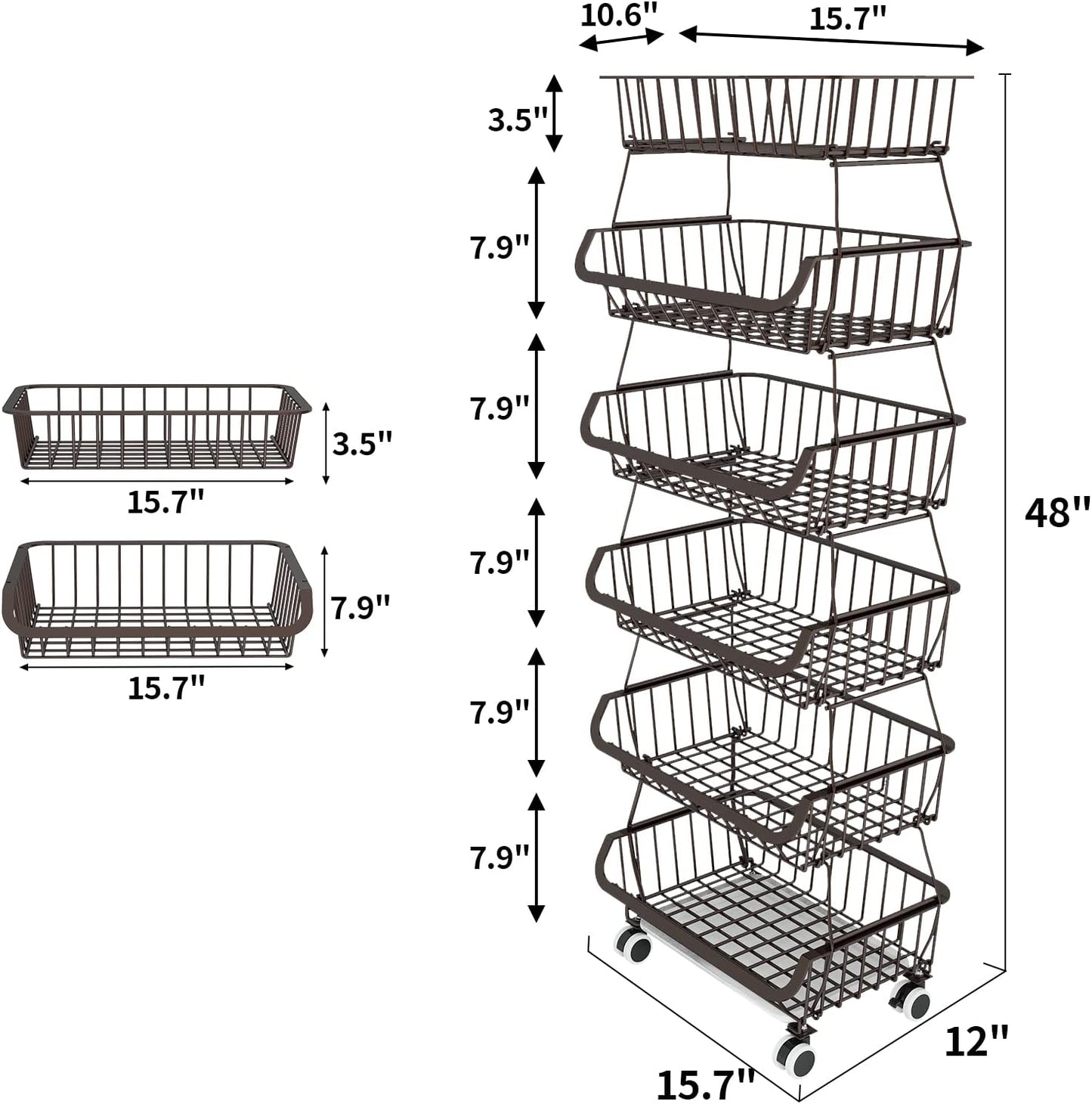 Fruit Vegetable Storage Basket for Kitchen - 6 Tier Stackable Metal Wire Baskets Cart with Rolling Wheels Utility Fruits Rack Produce Snack Organizer Bins for Pantry Bathroom Laundry Bronze