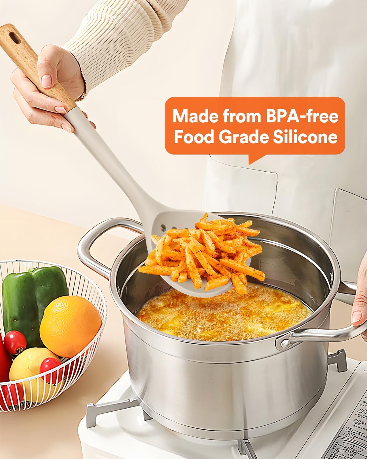 Kitchen Ladle Strainer, Large Slotted Spoon with High Heat Resistant BPA Free, Non Stick Cooking Skimmers For Draining & Frying, 13.2inch (Khaki)