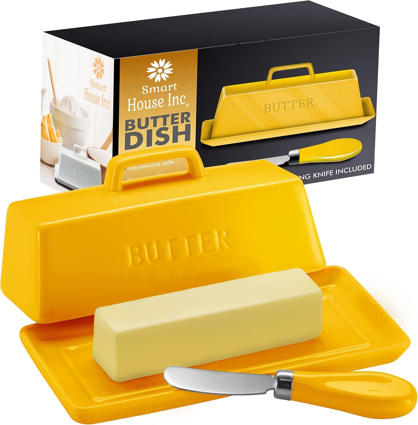 Ceramic Butter Dish Set with Lid and Knife - [Yellow]- Decorative Butter Stick Holder with Handle for 1 Stick of Butter - Microwave Safe, Dishwasher Safe - Anti-Scratch Stickers Included
