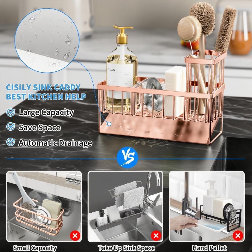 Cisily Sink Caddy Organzier with High Brush Holder, Sponge Holder for Sink, 304 Rustproof Stainless, Kitchen Countertop Soap Dispenser Organizer, Rose Gold Kitchen Decor and Accessories