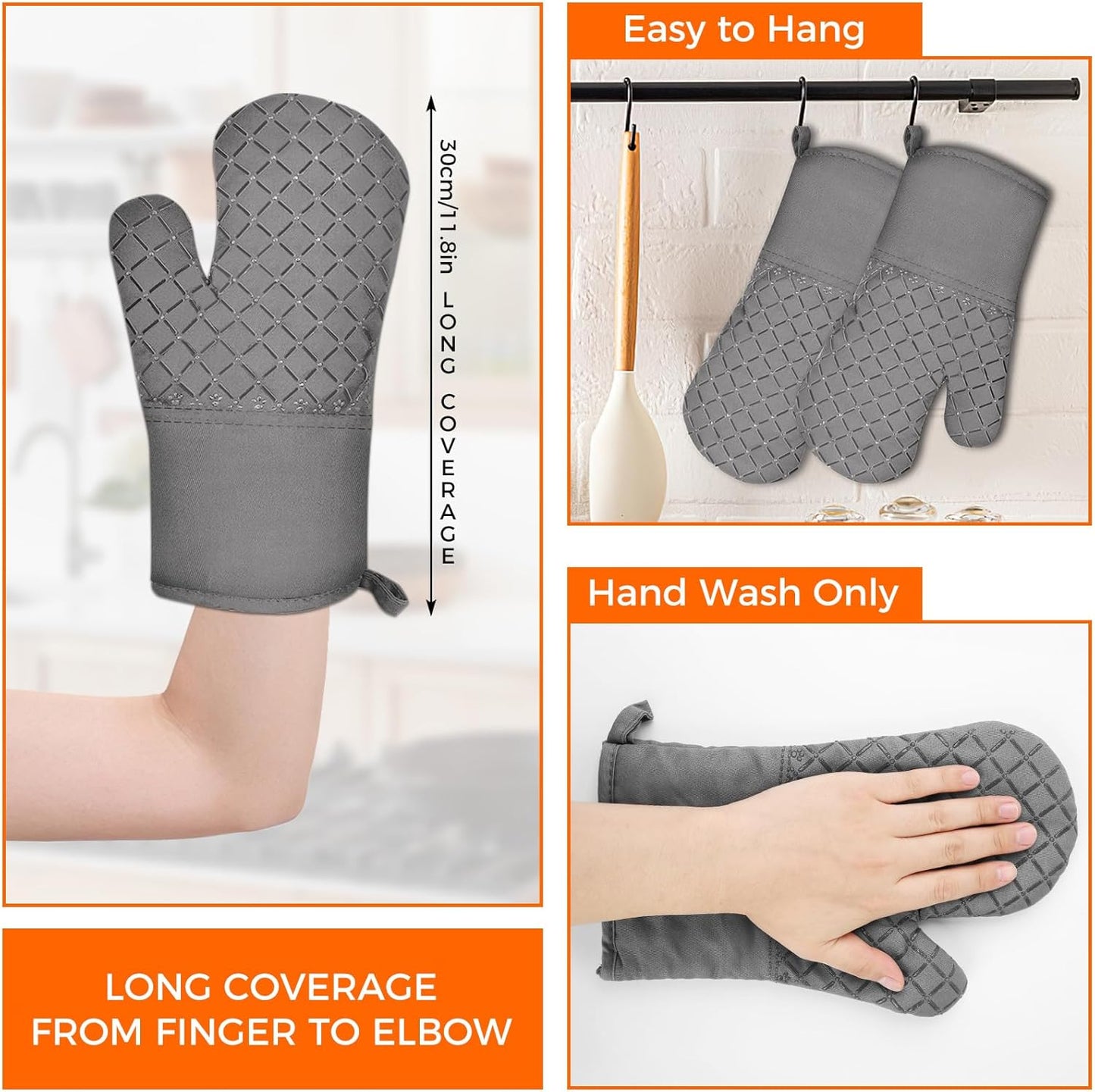 2 Pcs Oven Mitts Heat Resistant for Kitchen, Kitchen Oven Gloves, Long Oven Mitts and Pot holder with Non-Slip Silicone Stripe and Soft Cotton Lining, Silicone Oven Mitts for Cooking Baking BBQ Gloves