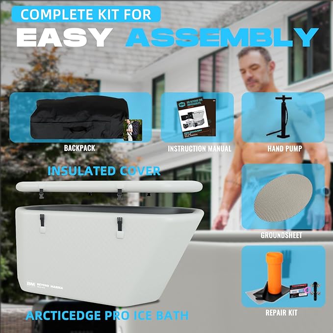 Inflatable Ice Bath Tub for Athletes - Slanted-Edge Cold Plunge Tub Compatible Water Chiller, Insulated Lid, EVA Groundsheet, Backpack, 120 Gallon, 61" L x 31.5" W x 24.8" H