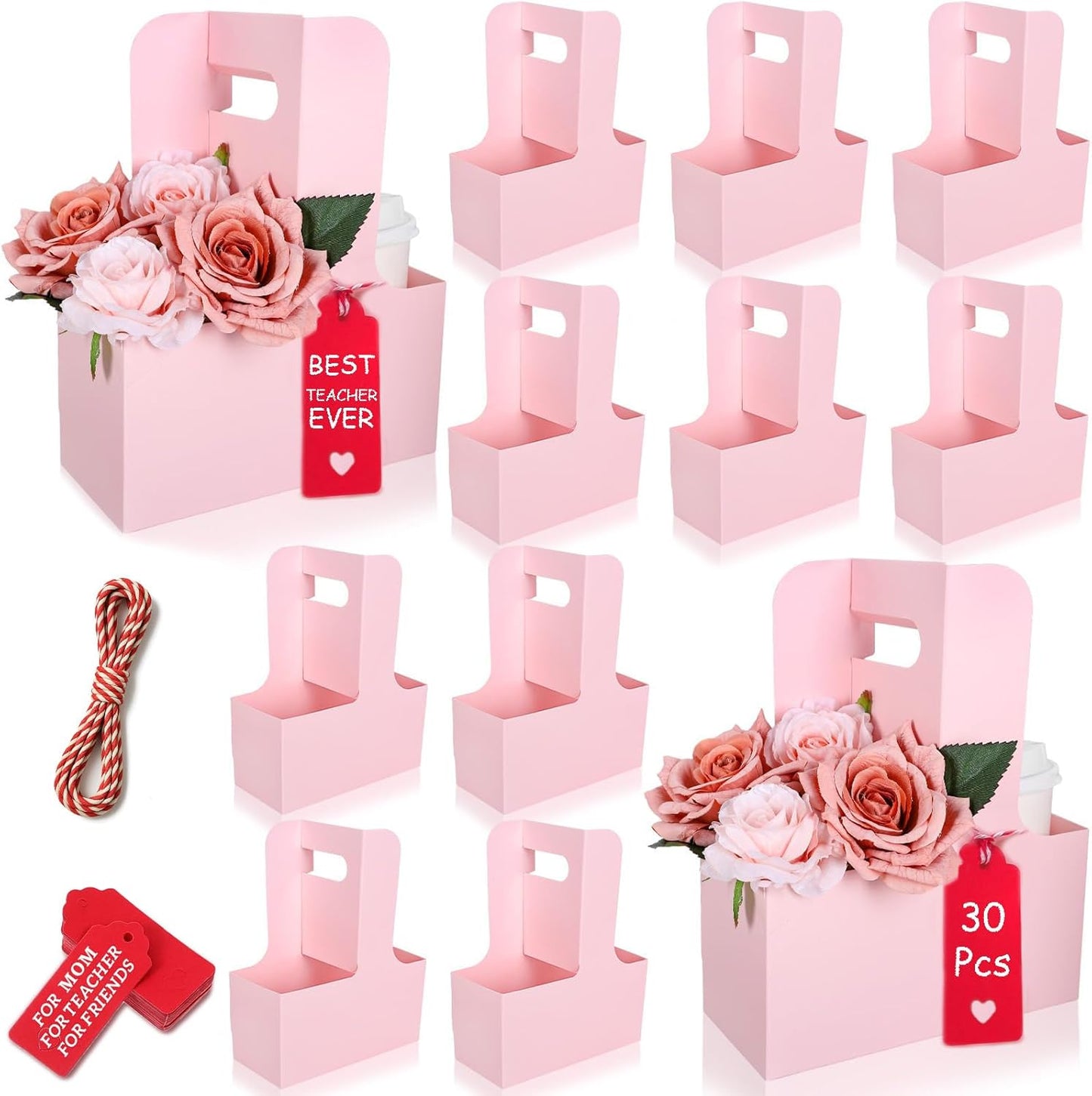 30 Pack 2 Cup Disposable Pink Drink Carrier with Handle Paperboard Coffee Cup Holder Portable for Hot Cold Drinks Food Delivery Services with Heart Card for Teacher Appreciation Week Mother's Day