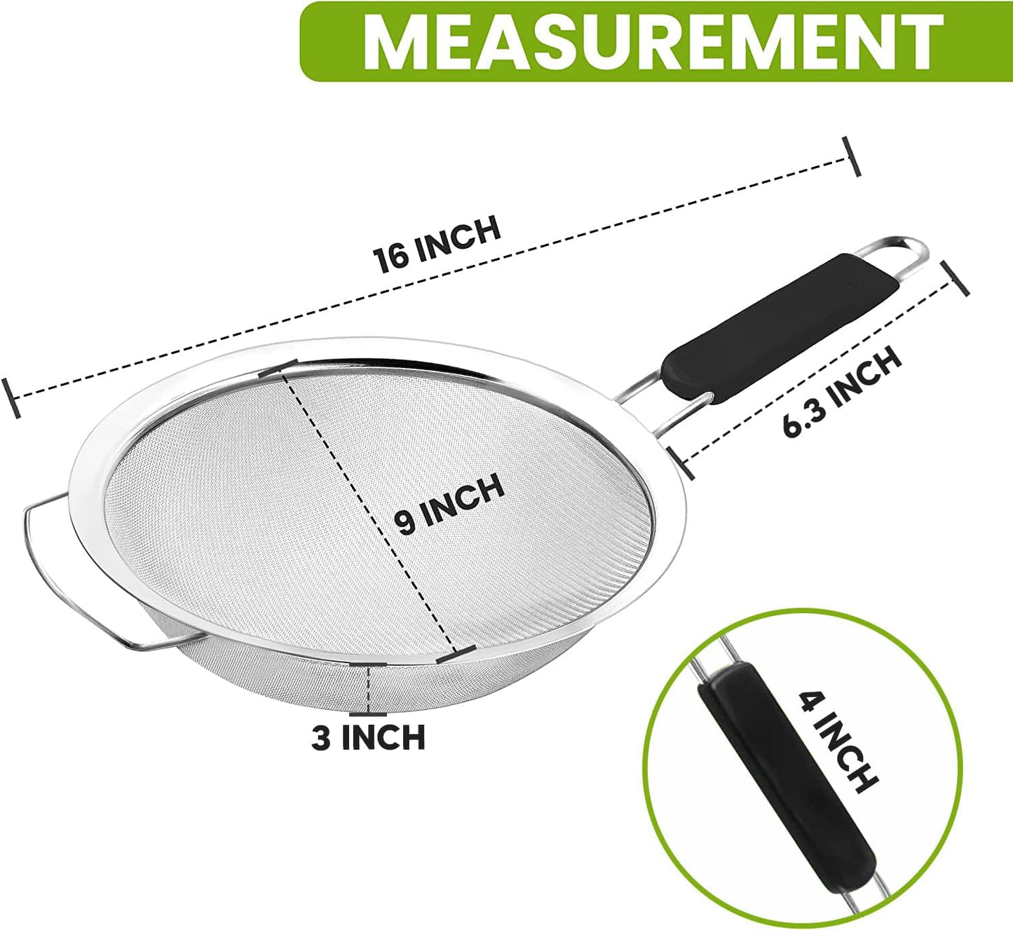 9" Large Fine Mesh Strainer with Thermo Plastic Rubber Handle - Sieve Fine Mesh Stainless Steel - Ideal Kitchen Essential to Strain Pasta, Quinoa and Rice