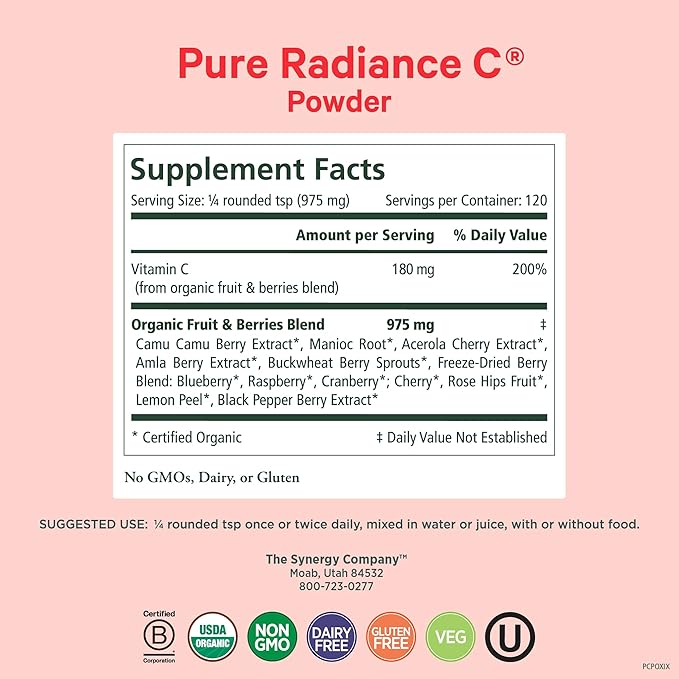Pure Synergy Pure Radiance C | Organic Vitamin C Powder | 100% Natural, Whole Food, Non-GMO Supplement with Camu Camu Extract | for Immune and Collagen Support (4 oz Powder)