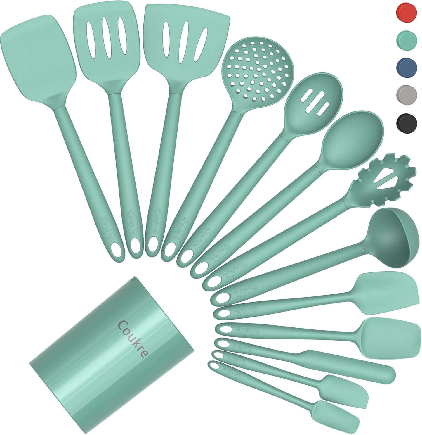 Coukre Silicone Kitchen Cooking Utensils Set with Holder – Heat-Resistant, Food-Grade Kitchen Tools, Spatula, Spoon & Gadgets for Non-Stick Pans, Dishwasher Safe (14, PureAquaGreen)